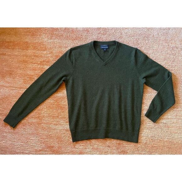 Lands End Men's Large Dark Heather Green Merino Wool V-Neck Sweater Pullover - Picture 1 of 9
